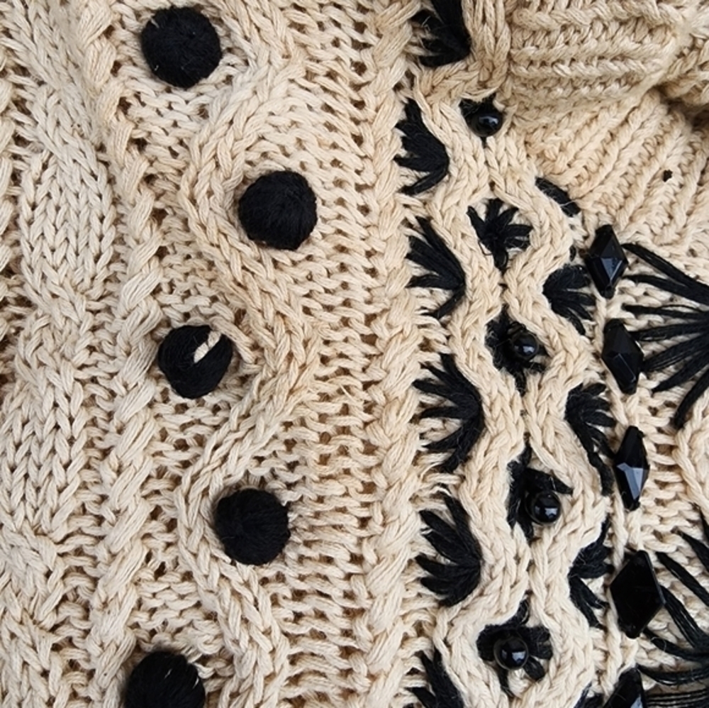 Vintage Cotton Ramie Popcorn Cable Knit Sweater Black Cream M/L - Picture 5 of 16